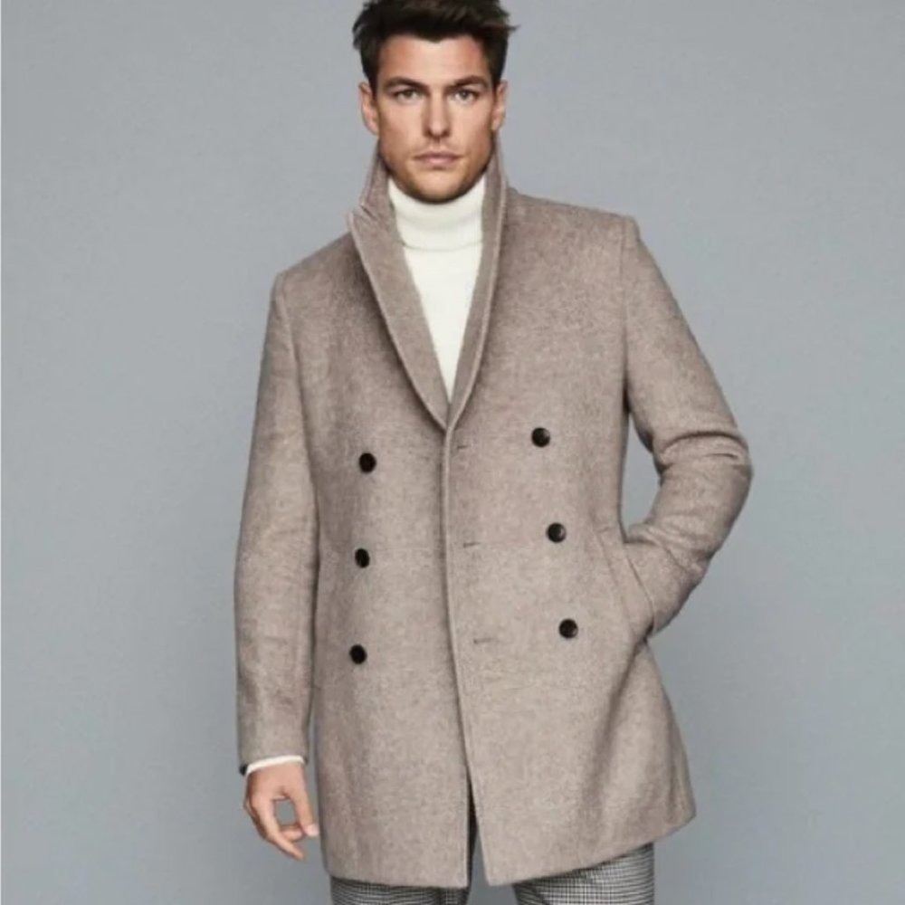 REISS DUOMO PEA COAT - HERRINGBONE WOOL BLEND- DOUBLE BREASTED - OATMEAL - L